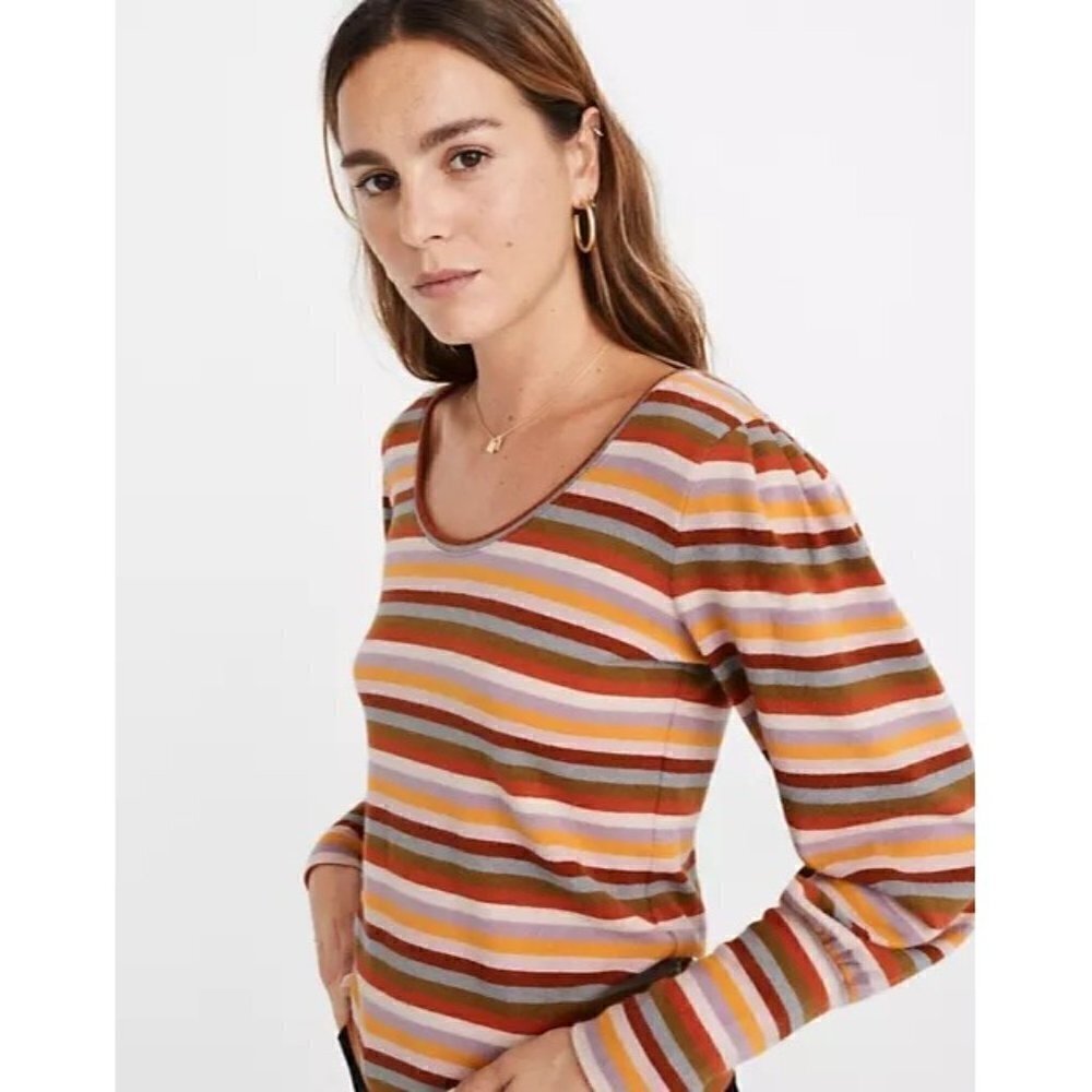 Madewell Rainbow Striped Puff Sleeve Scoopneck‎ Long Sleeve Top XXS